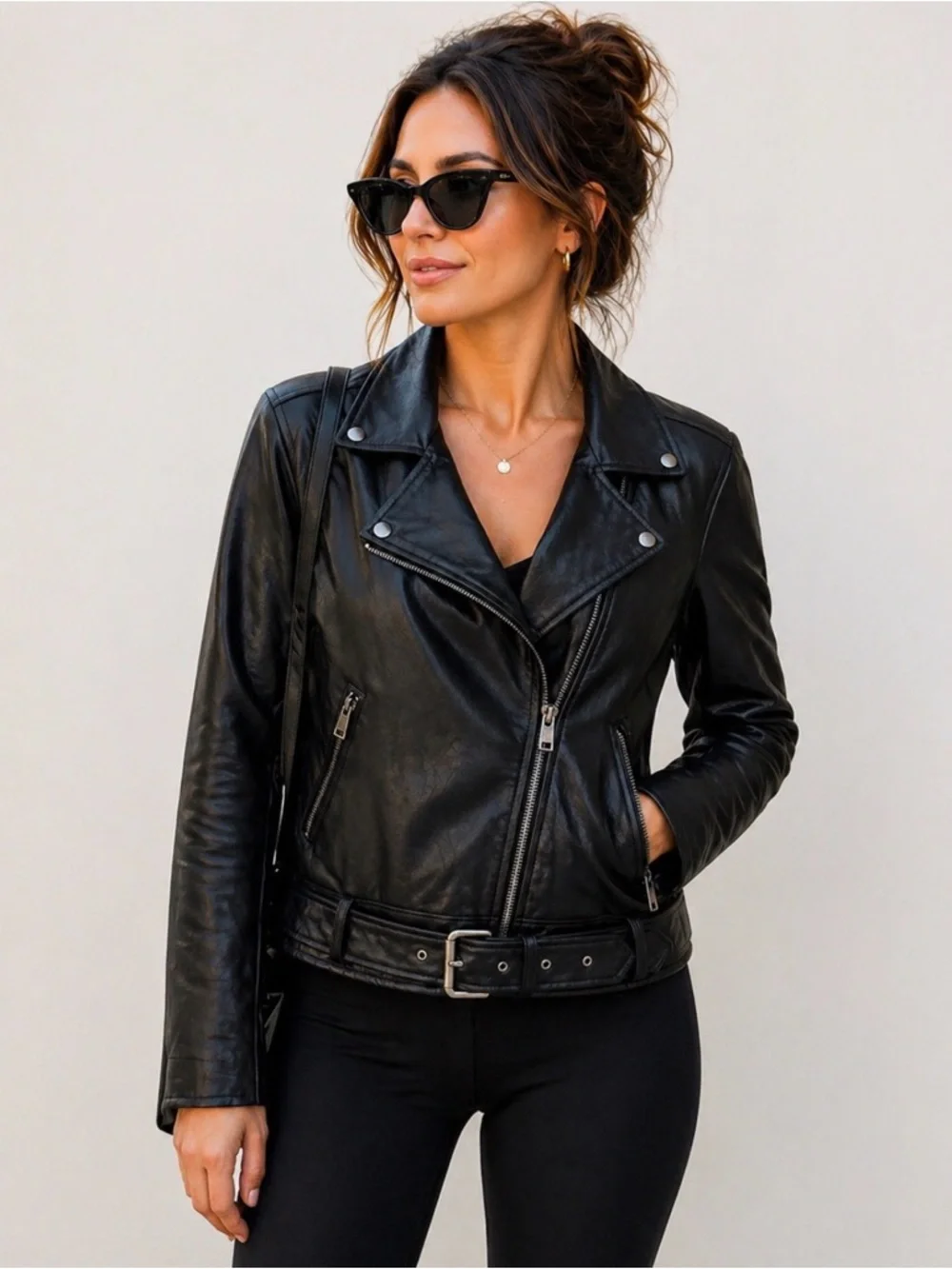 Eloide Faux leather Moto Jacket, black, silver zip, women’s size Large.